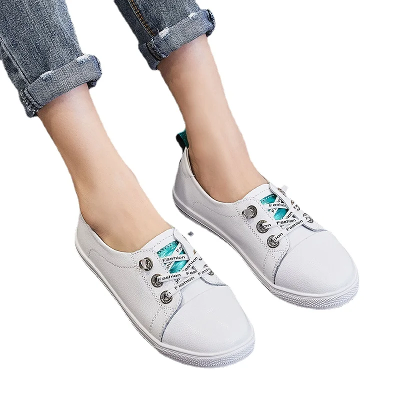 

Small White Shoes Women's Leather Fashion Rhinestone Shallow Mouth Shoes Elastic Band Breathable Soft Bottom Women's Flat Shoes