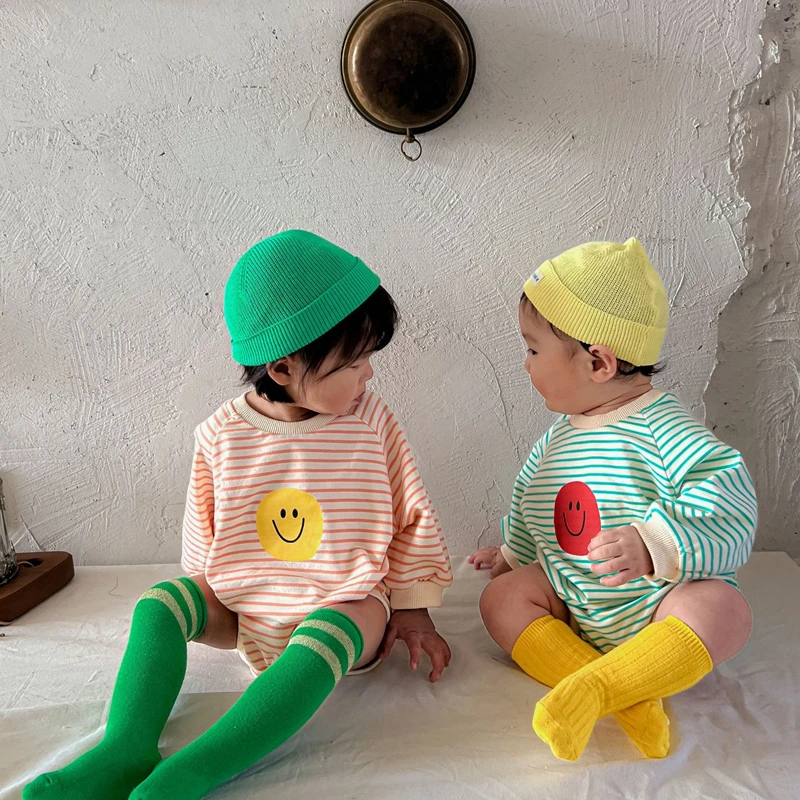 

Toddler Baby Girl Romper Spring Autumn Smiley Print Striped Bodysuits for Infants Cotton Casual Loose Kids Clothes Boys Costumes