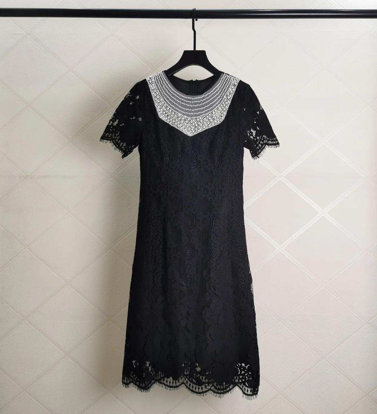 

2022 new women fashion short sleeve round neck beaded lace dress 0622