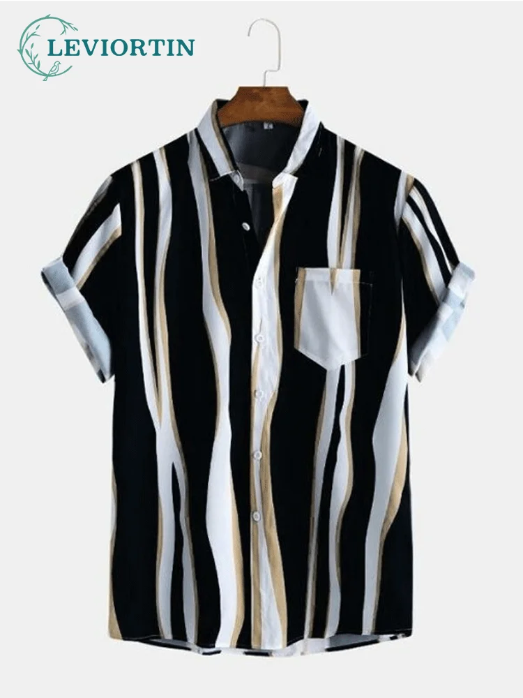 

Summer Men's Fashion Irregular Stripe Print Shirt Mens Plain Color Striola Chest Pocket Casual Short Sleeve Shirts
