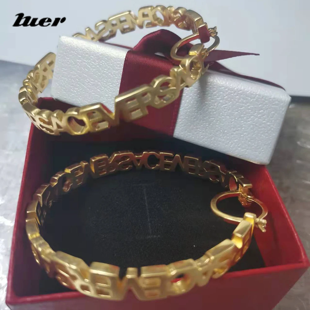 

LUER New Name Earrings Personalized Stainless Steel Gold Big Hoop Earrings Customized Jewelry For Women Gift Women's Day Gift