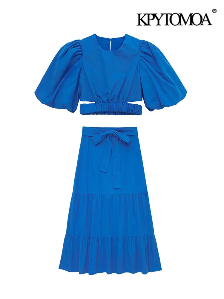 

KPYTOMOA Women Fashion With Puff Sleeves Poplin Cropped Blouses And High Waist Back Zipper Midi Skirts Female Suits Mujer