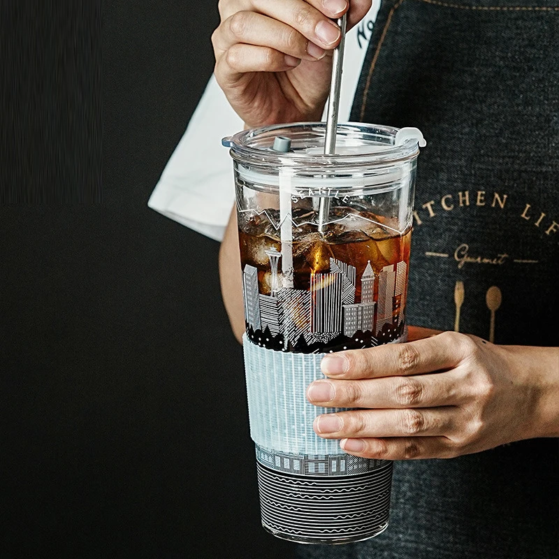 

Стакан стеклянный с крышкой и соломинкой, 900 мл