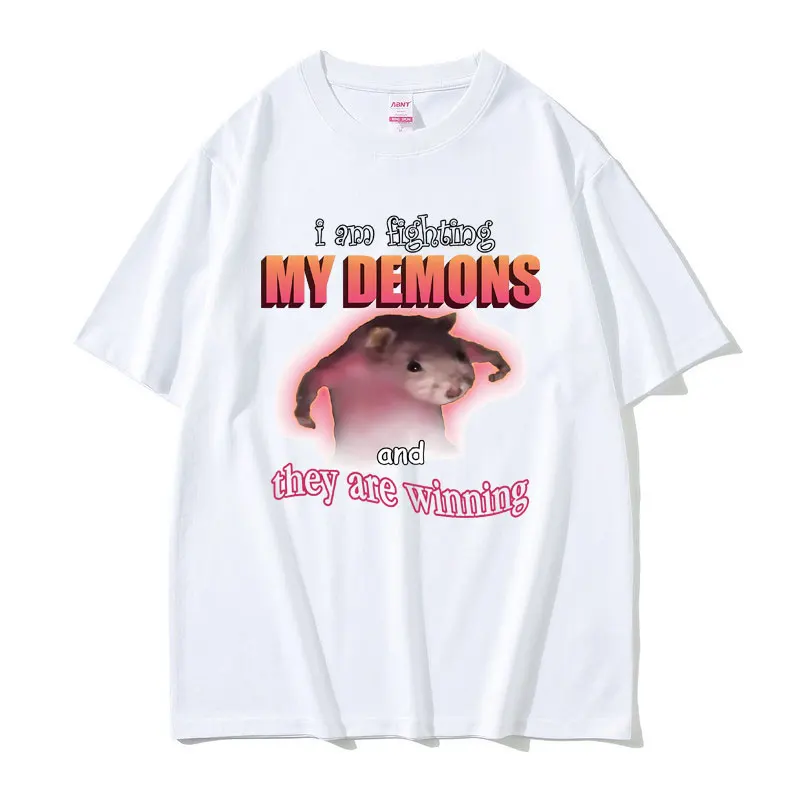 

Funny I Am Fighting My Demons and They Are Winning T Shirt Cute Kawaii Mouse Meme T-shirt for Men Women Casual Tops Cotton Tees