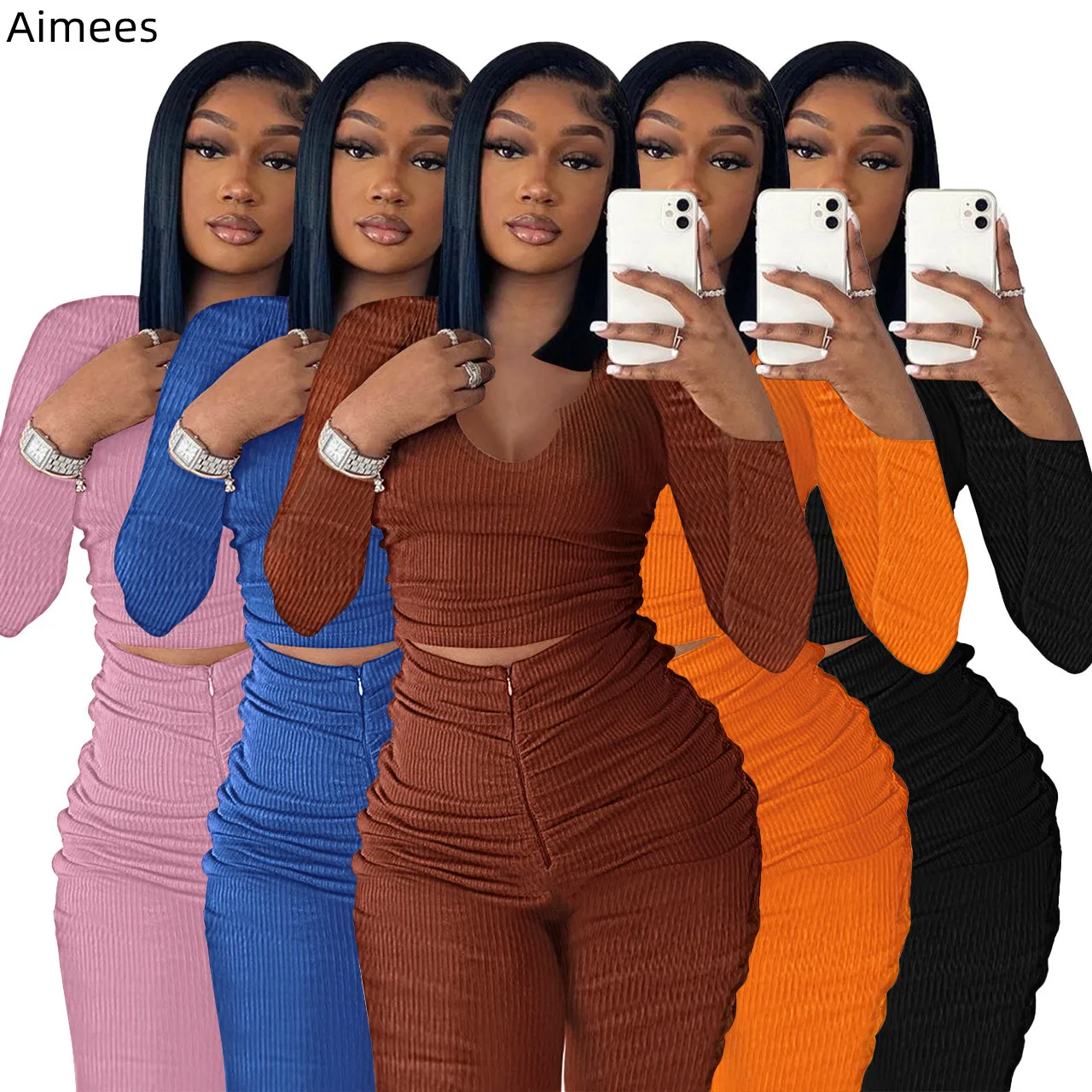 

Autumn Solid Women Casual Tracksuit New Arrivals Fashion U Neck Long-sleeved T Shirt High Waist Pleats Pants Two Pieces Set