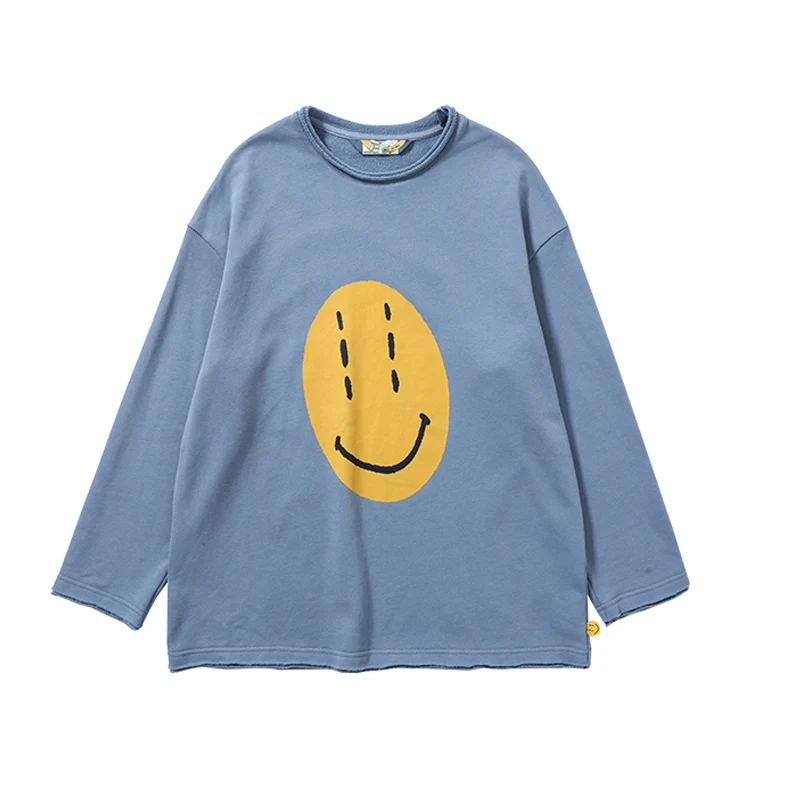 Japan Smiley Face Printed Long Sleeve T-shirt Women's Round Neck Pullover Bottomed Shirt Original Cartoon Animation Design Top