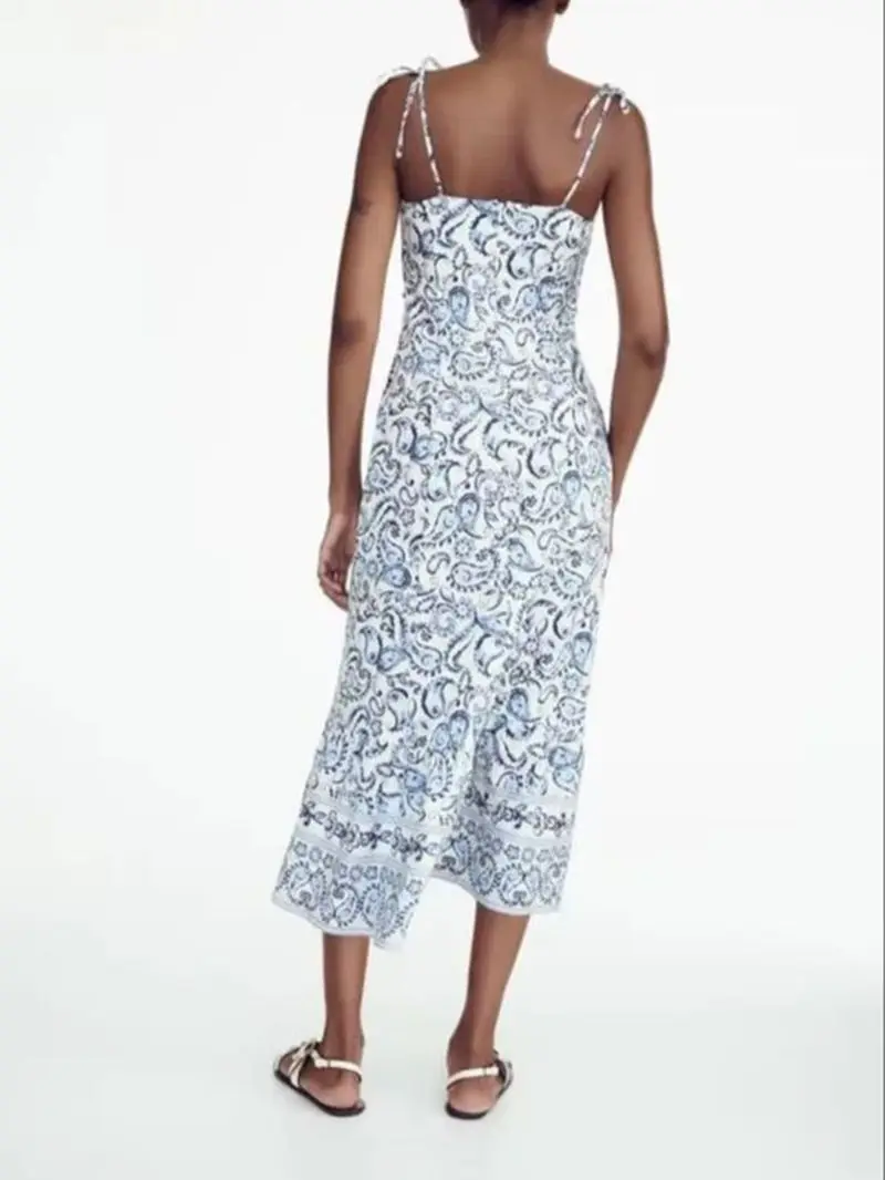 

Summer Women's Blue And White Porcelain Printed Fine Suspender One-line Shoulder Design Backless Slit Dress Sexy