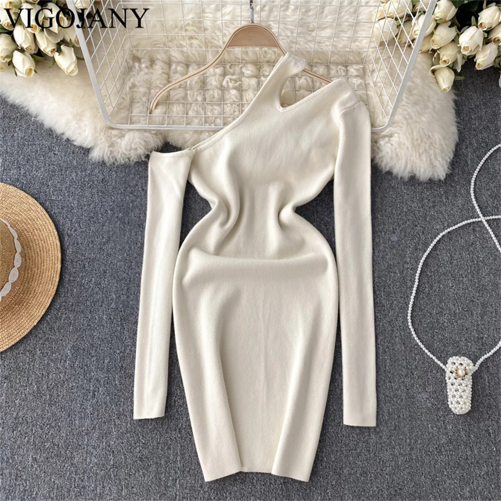 

Женское однотонное облегающее платье-свитер VigoJany, Осень-зима 2022, вязаное мини-платье с длинным рукавом и открытыми плечами, вязаное платье н...