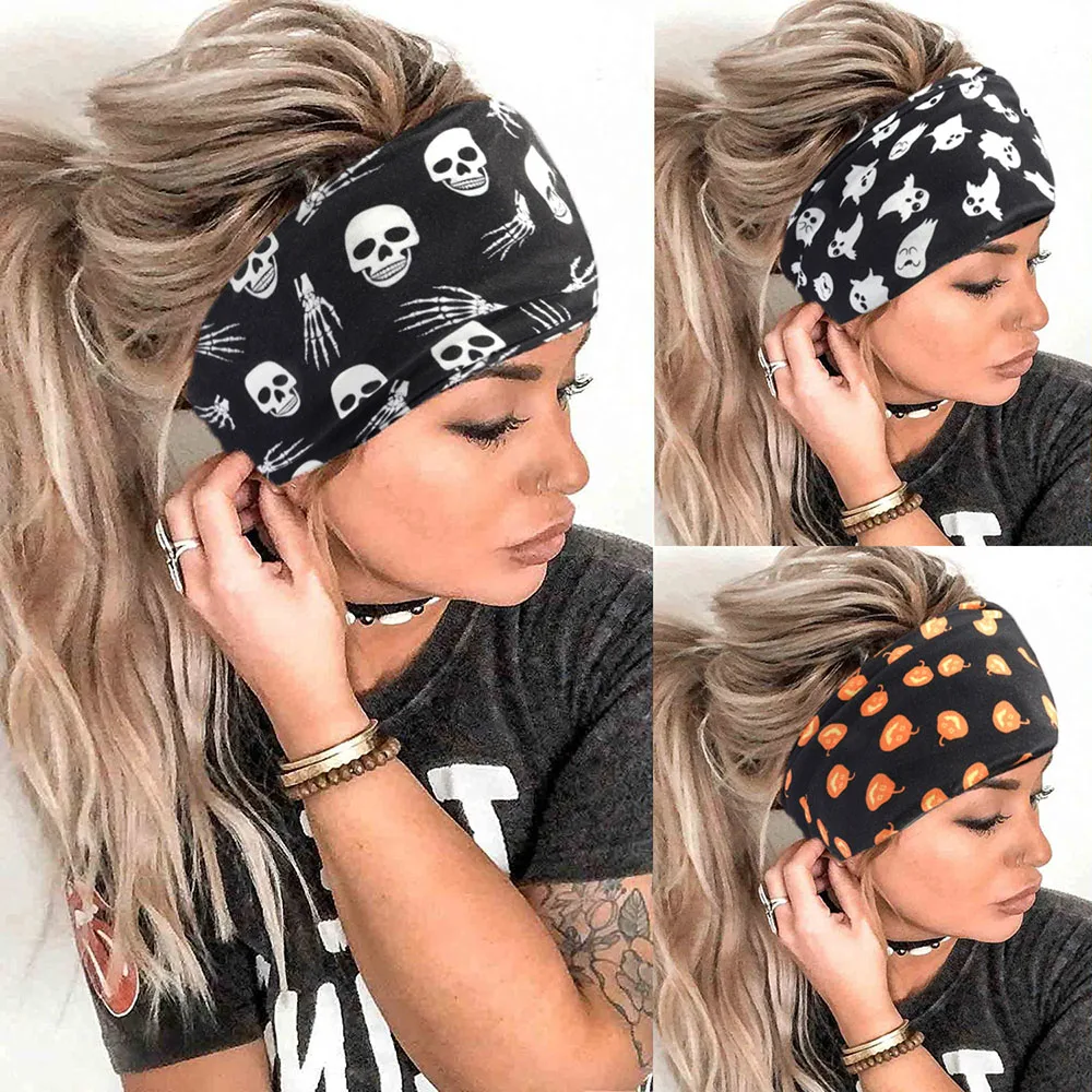 

Stretch Hairband Headpiece Christmas Print Turban Headwrap Boho Cotton Wide Headband Halloween Knotted Elastic Hair Accessories