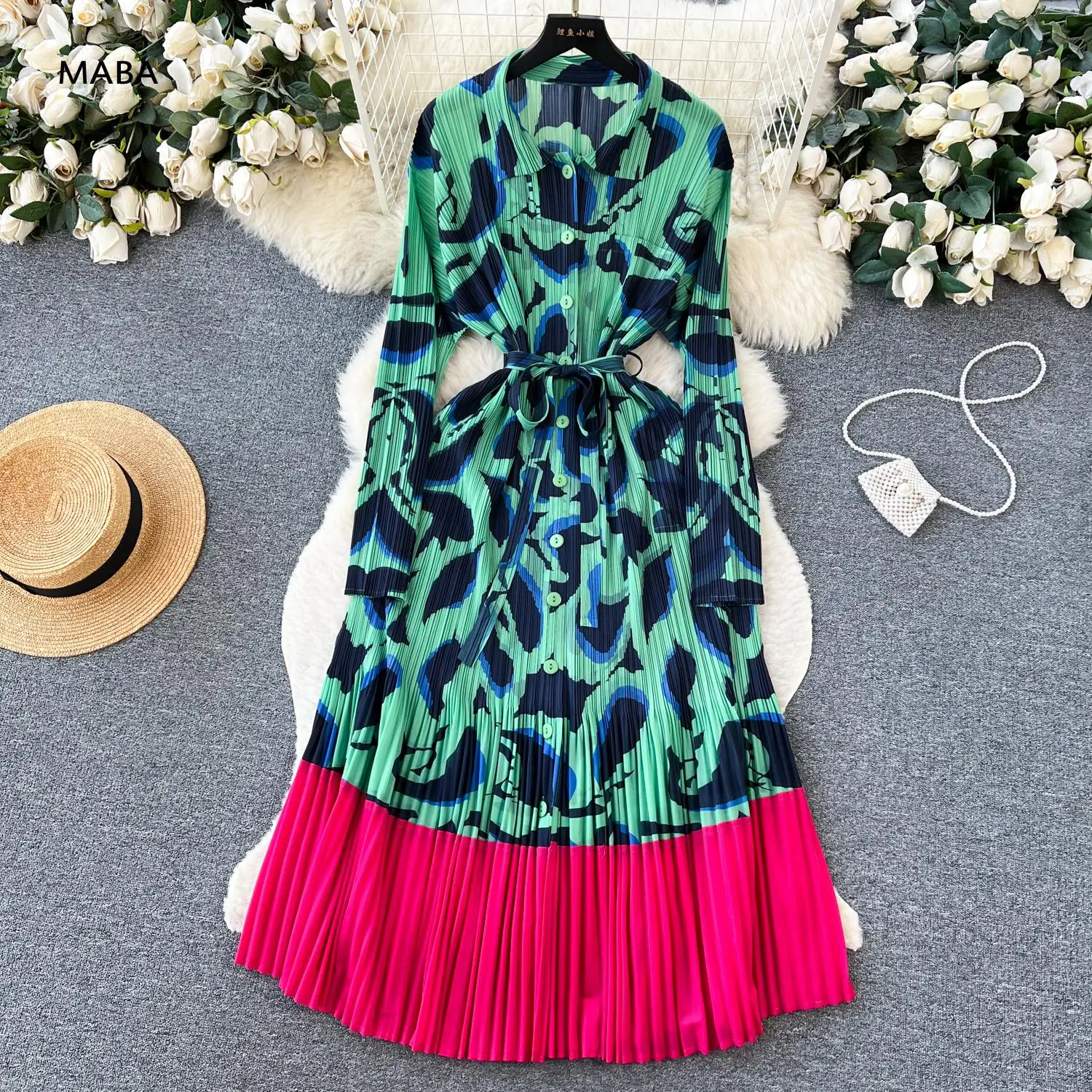 

2024 High Quality Miyake Pleated Print Patchwork Loose Long Dress Women Turn Down Collar Single Breasted Elegant High Grade Robe