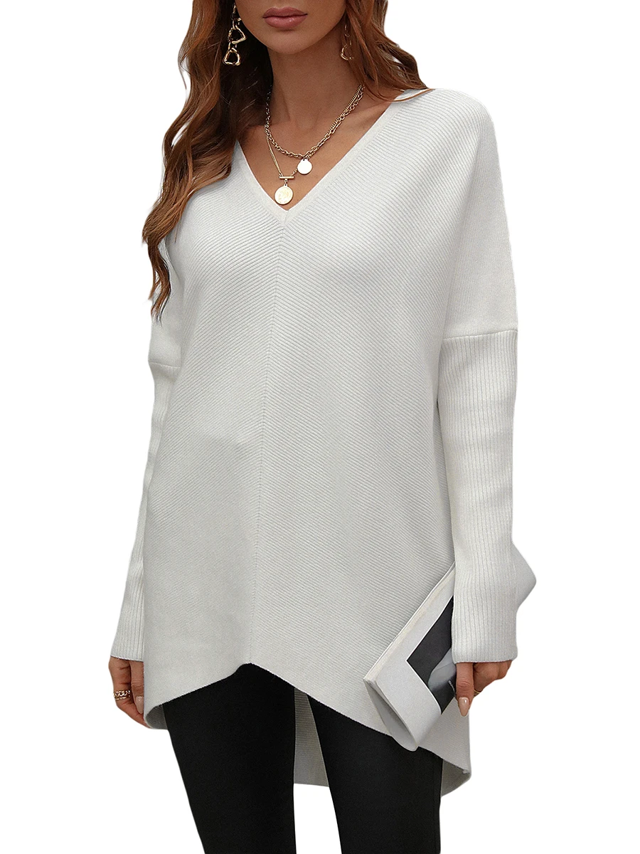 

Women Casual V-Neck Pullover Long Sleeve Irregular Hem Loose Fitting Knitwear Fall Tunic Blouses