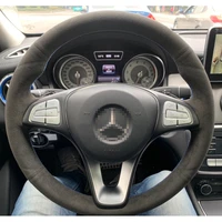 all black suede leather steering wheel blue stitch on wrap cover fit for mercedes benz a180 a200 b180 b200