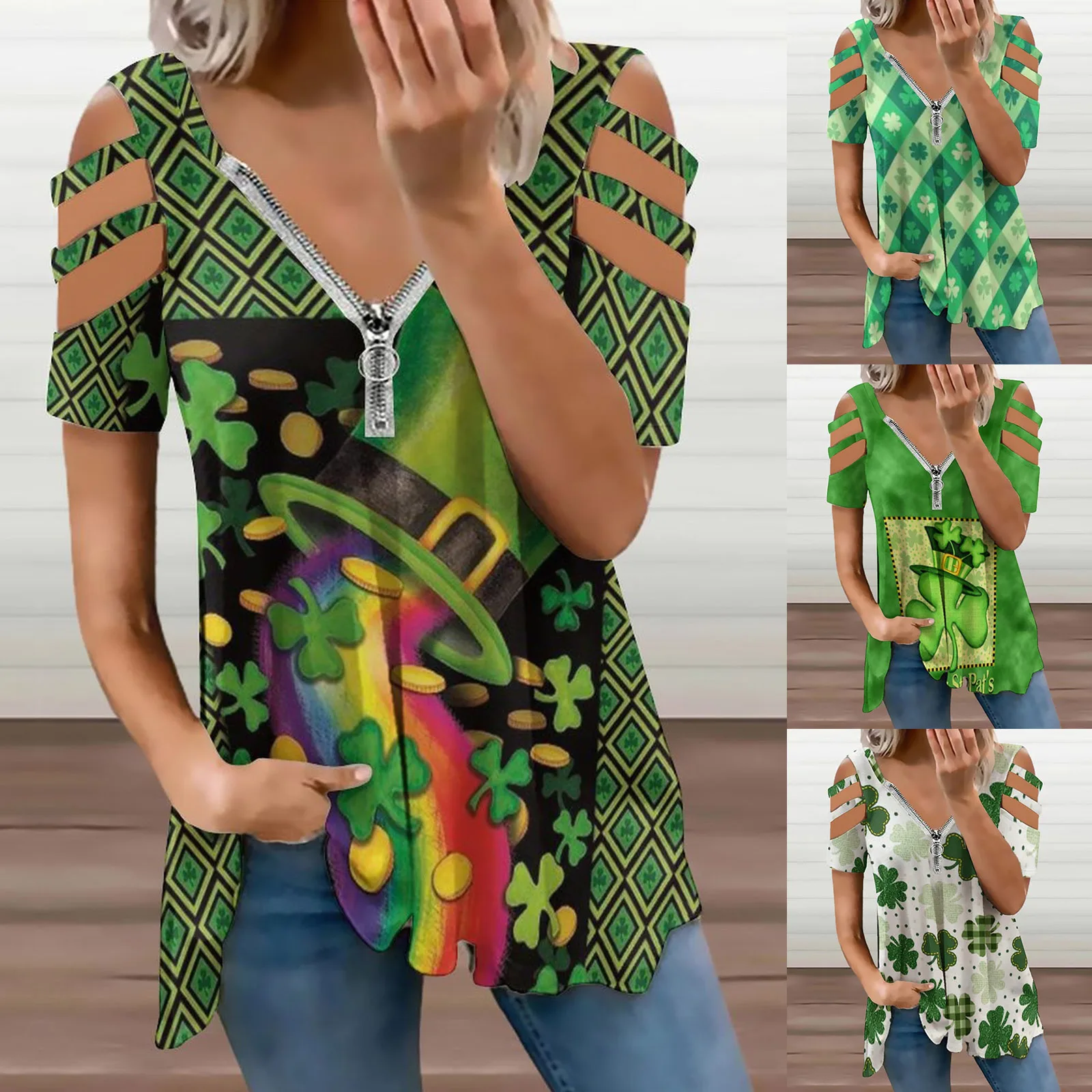 

Women Western Shirt Zipper Pullover Short Sleeve Color Block V Neck Fashion Casual Top St Loose Fit Womens Summer Shirts