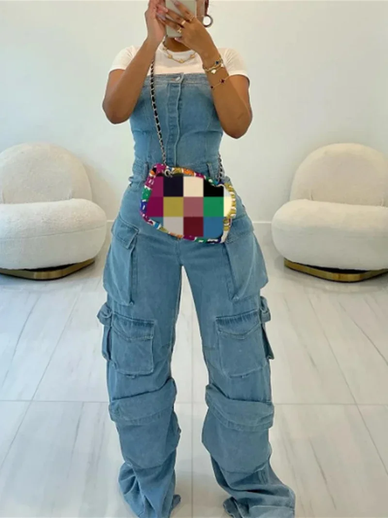 Женский джинсовый комбинезон без рукавов бретелек