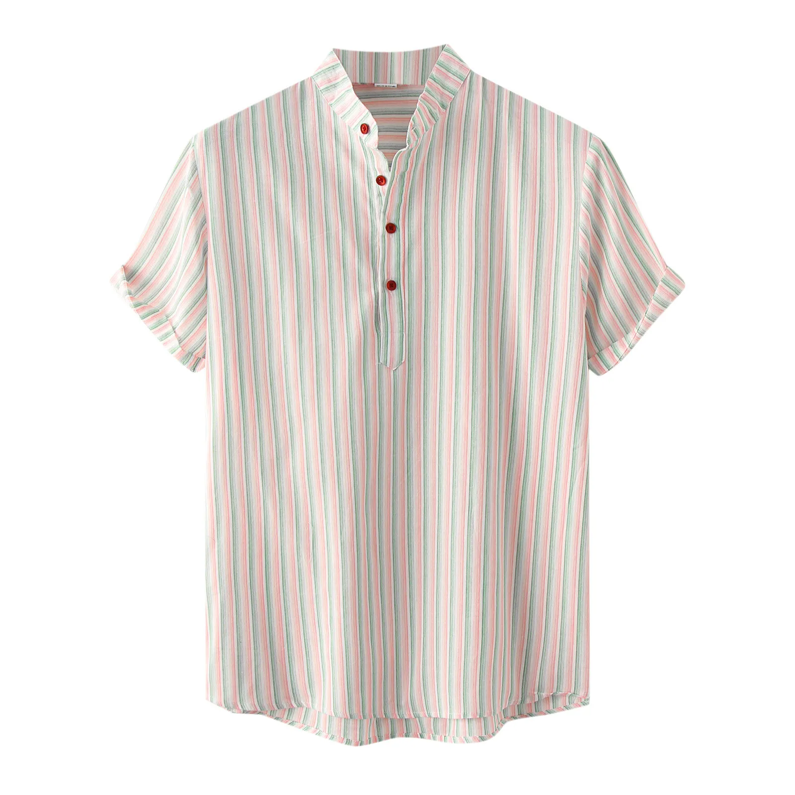 

Male Summer Casual Striped Print T Shirt Blouse Button Stand Collar Short Sleeve Tops T Shirt T Shirts for Men Fashion