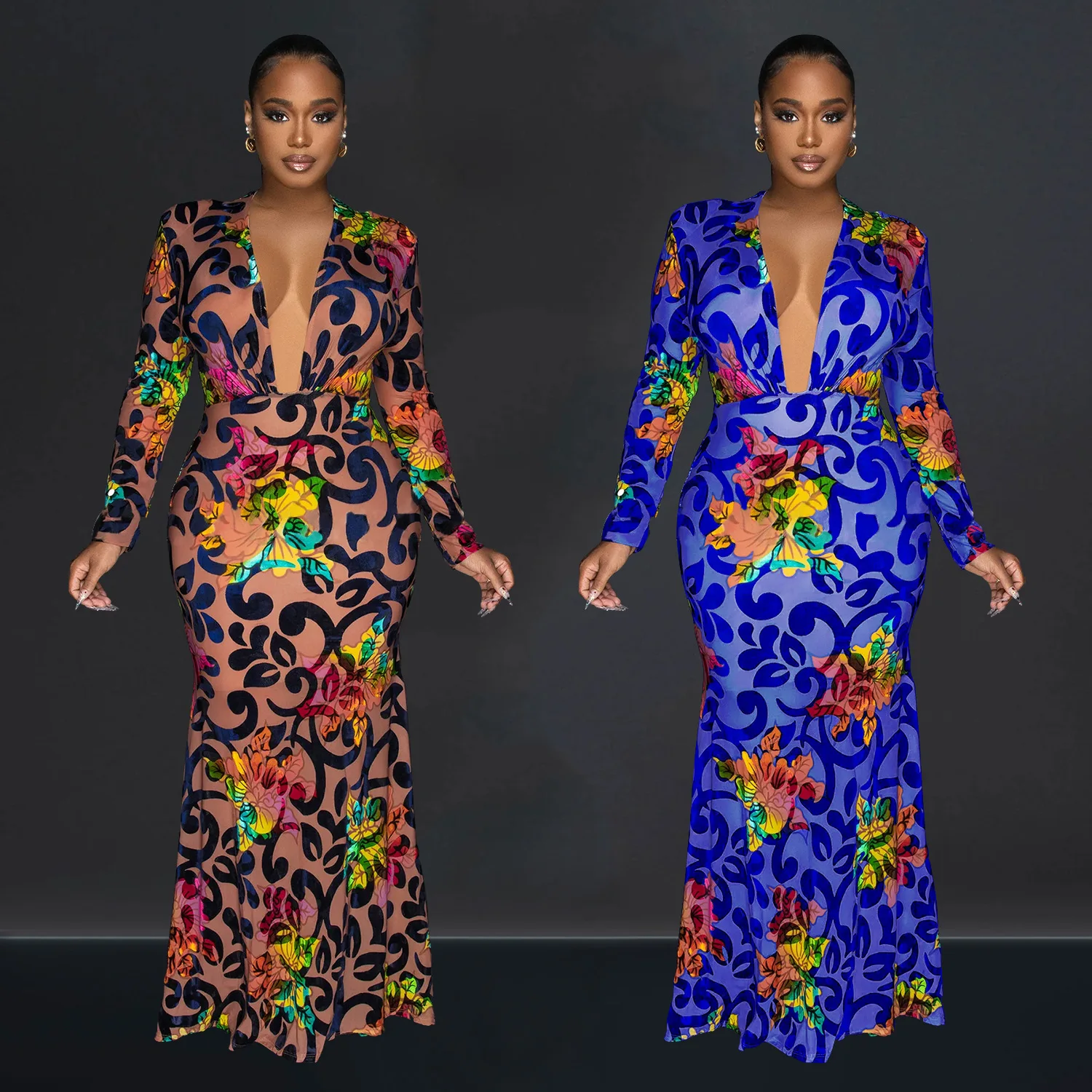 

Vintage Plant Printed Women Long Maxi Evenin Dress Long Sleeve Deep V Neck Floor Length Bodycon Dress 2023 Autumn Party Vestidos