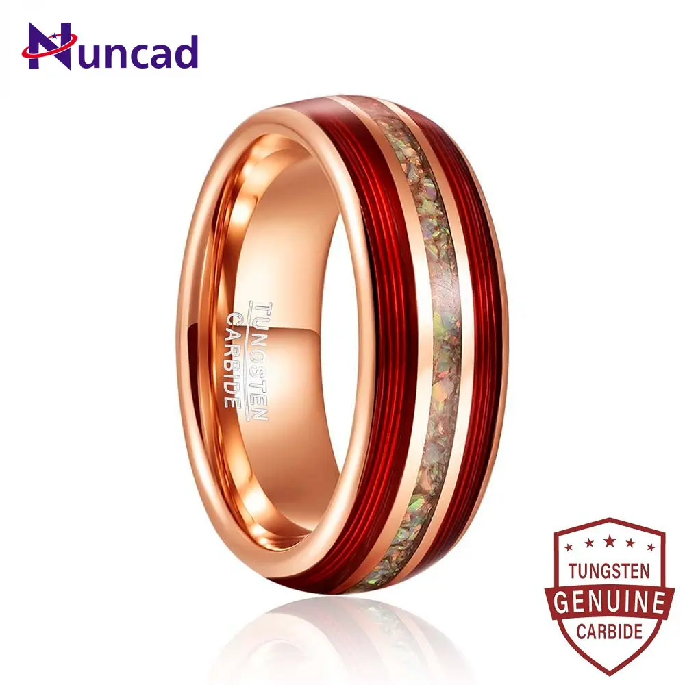 

NUNCAD 8mm Tungsten Ring Electric Rose Gold Color Inlaid Red Guitar String Broken Opal Tungsten Steel Ring Wedding Rings for Men