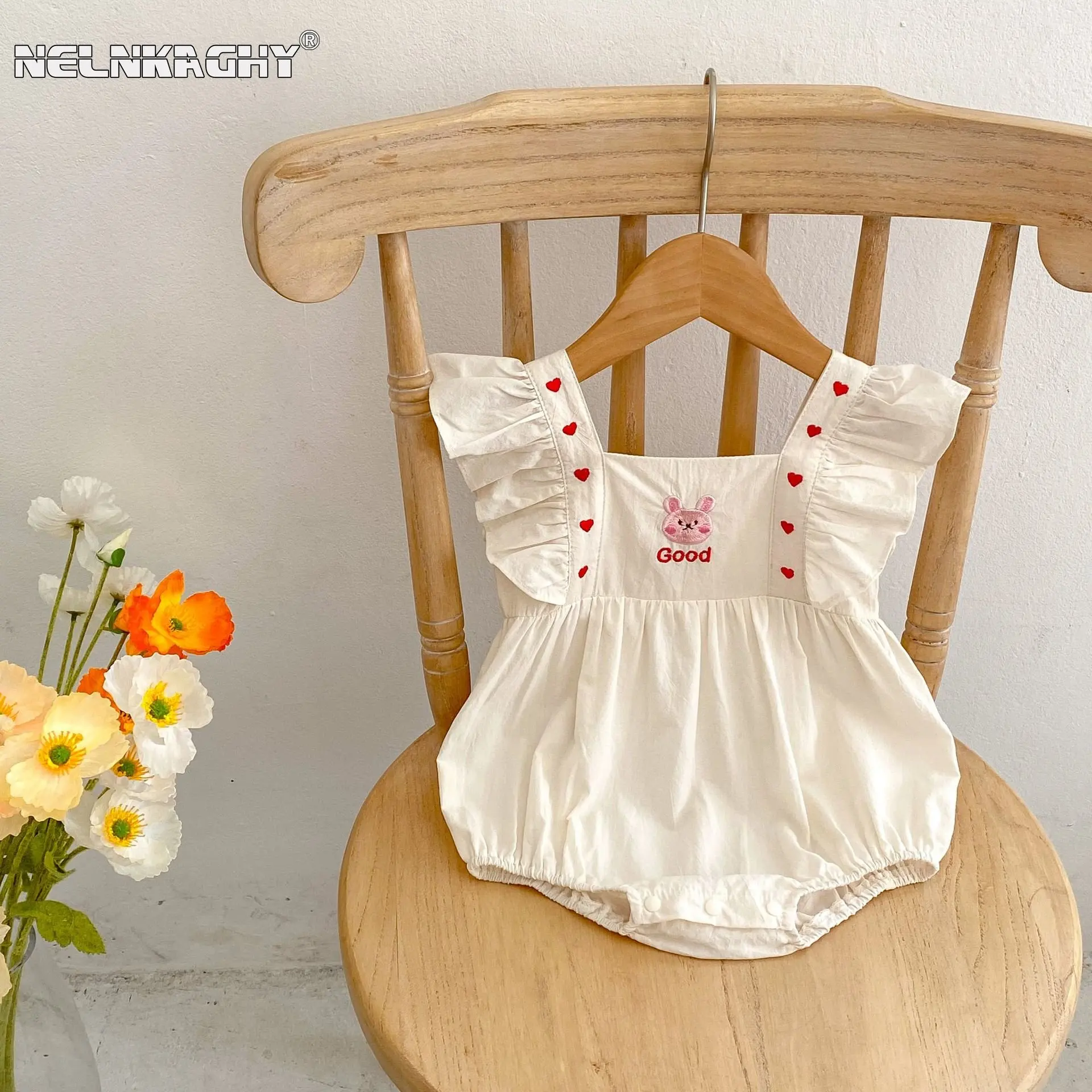 Summer Infant Baby Girls Fly Sleeve Embroidery Bunny Love Cotton Outwear Kids Newborn Cute Jumpsuits Toddler Bodysuits 유아복