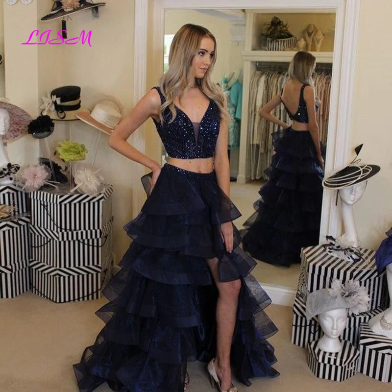 

Sparkly Navy Blue Two Pieces Prom Dresses Long Hi-Lo Tiered Tulle V-Neck A-Line Sequins Crystals Evening Party Dress