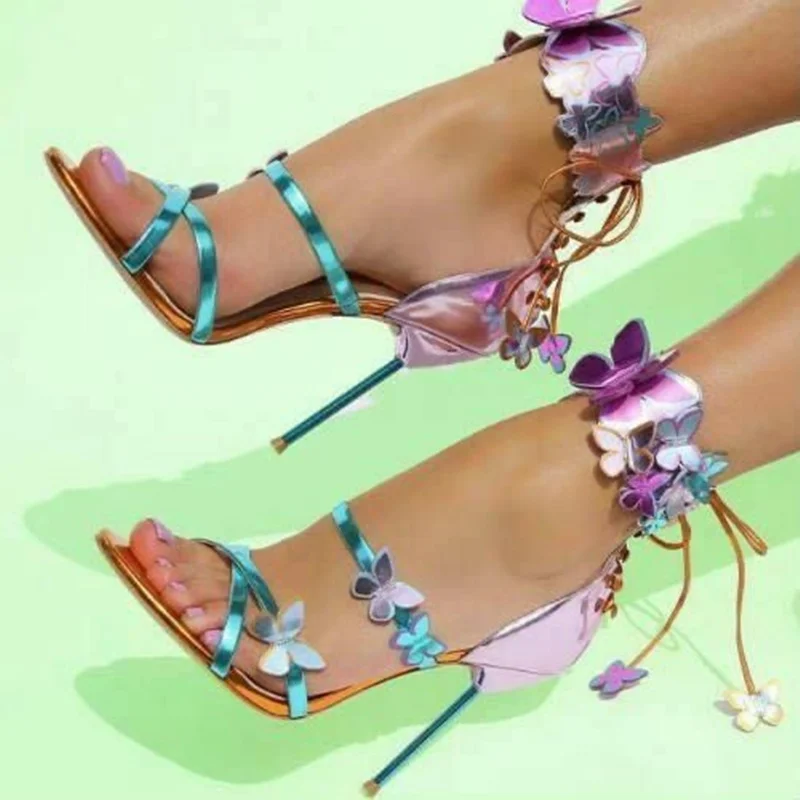 Sandalias de tacón alto con hebilla en el tobillo para mujer, zapatos de vestir con diseño Floral y mariposa, de lujo, para boda y verano