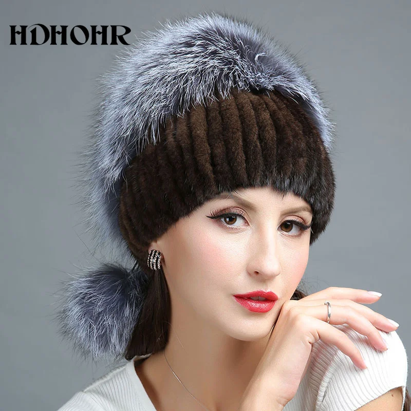 

Winter 2023 Fashion Real Fur Hat Women Real Mink Fur Hat With Silver Fox Fur Knitted Beanies New Women Fur Caps
