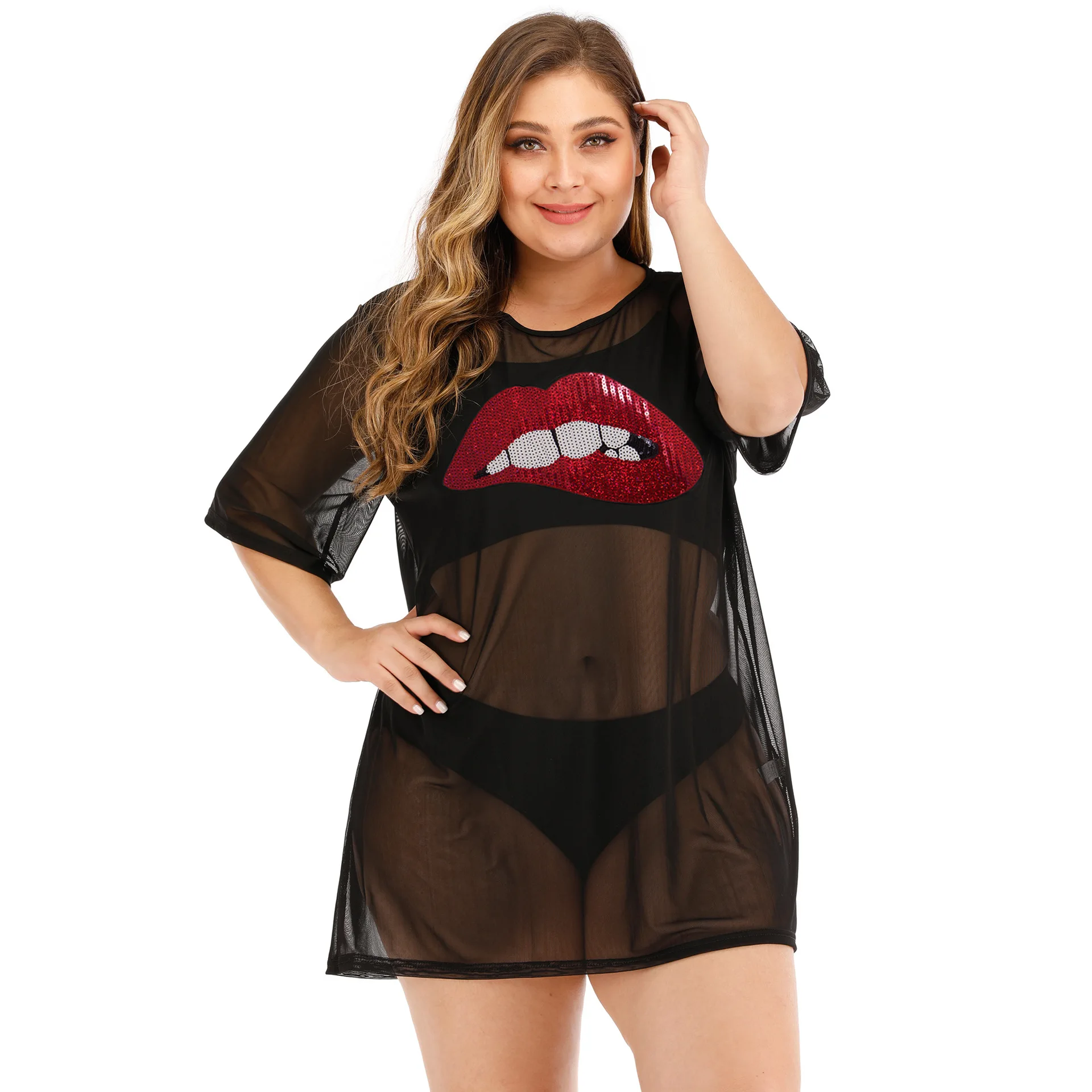 

Sunshade cover-up Ladies Sequin Lace Dress Women Lips Applique Sheer Mesh T-Shirt Blouse Bikini Cover Up Bathing Suit Women
