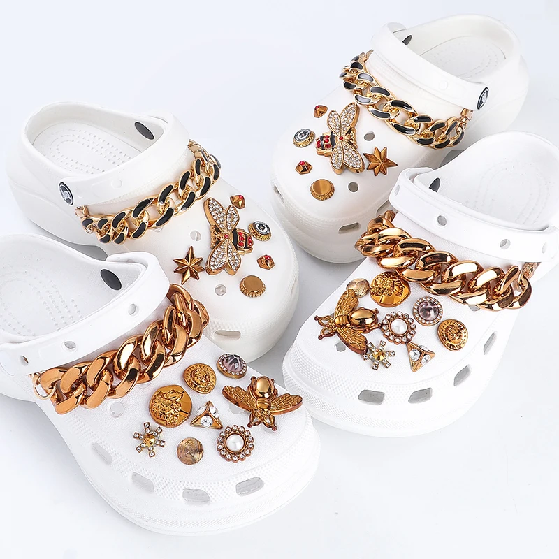 2022 Retro Style Diy Bee Crocs Clog Charm Slipper Gold Shoe Decorative Accessories Flower Bling Rhinestone Girl Gift