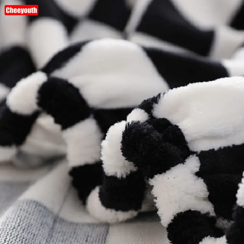 

Cheeyouth Milk Velvet Fitted Bed Sheet Black White Striped Zebra Pattern Printed Thickened Coral Flannel Non Slip Mattress Cover