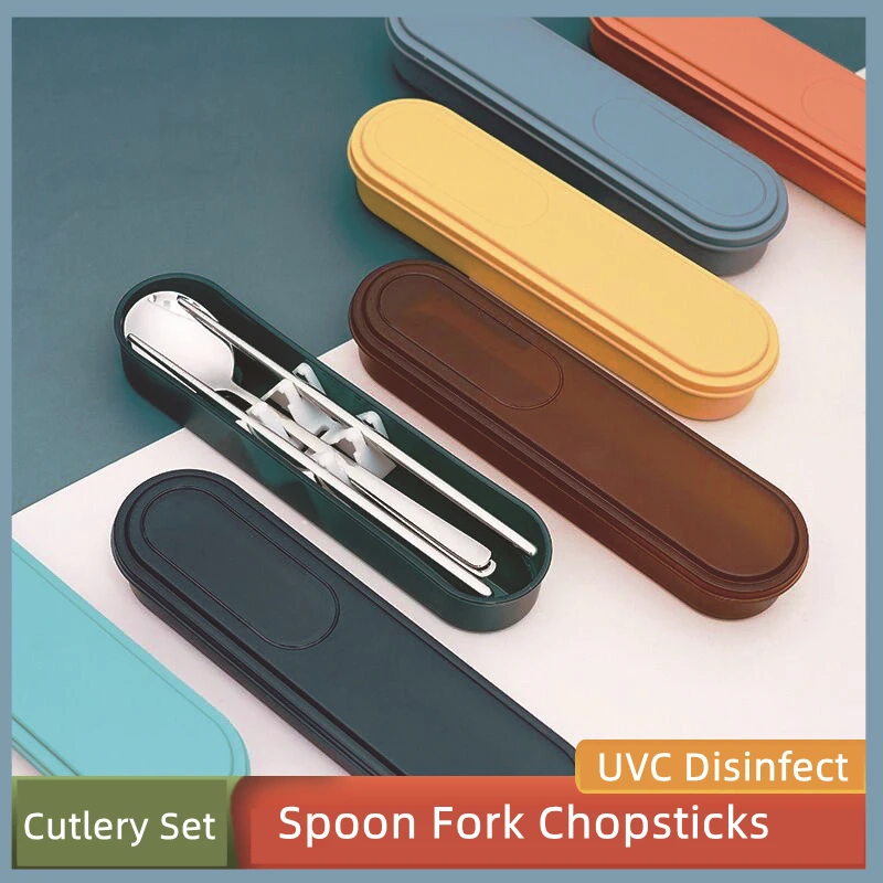 

Spoon Fork Chopsticks Cutlery Set UVC Disinfect Stainless Steel Lunch Tableware Box Portable Outdoor Travel Kitchen Dinnerware