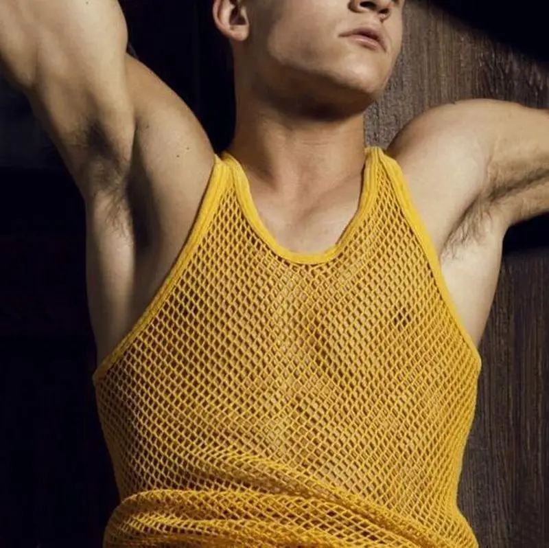 

Yellow Sexy Men Tank Mesh Breathable Bodybuilding Sport Vest Summer Vests Men Black Tank Soild Color Top Sleeveless S-XXL