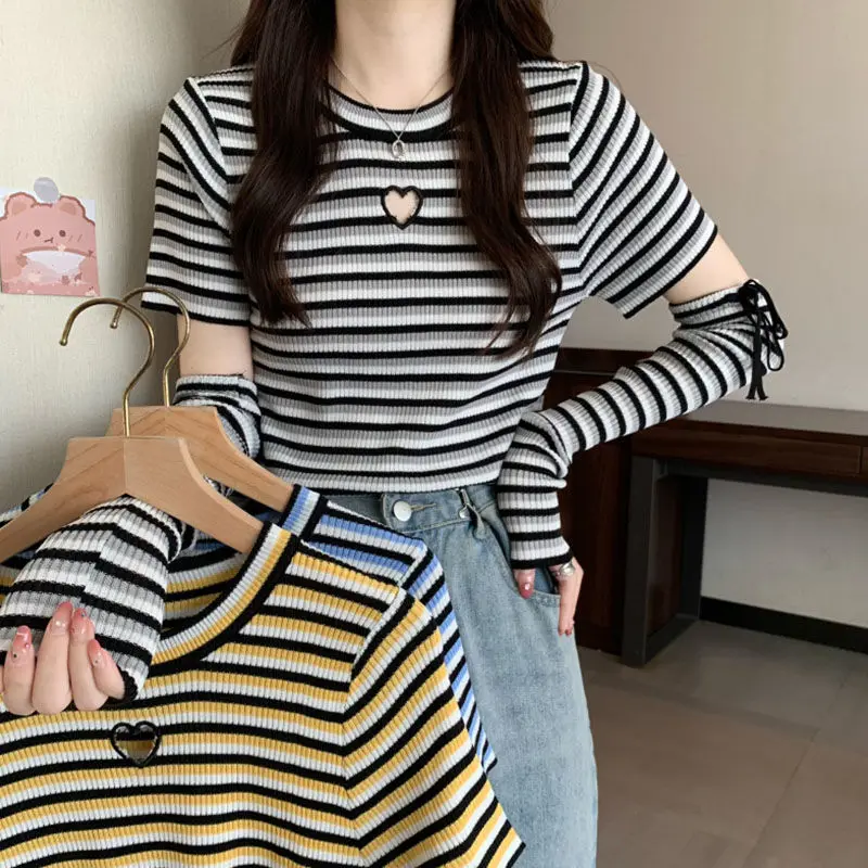 

Vintage Stripe T-shirts Women New Knitted Sexy Hollow Out Slim Fashion O-neck Sweet Original Design Y2k Tops Send Cuff