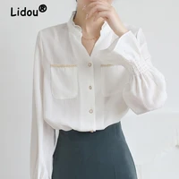 temperament french fashion womens blouse white wild urban casual cardigan top elastic long sleeves v neck pocket shirt blouses