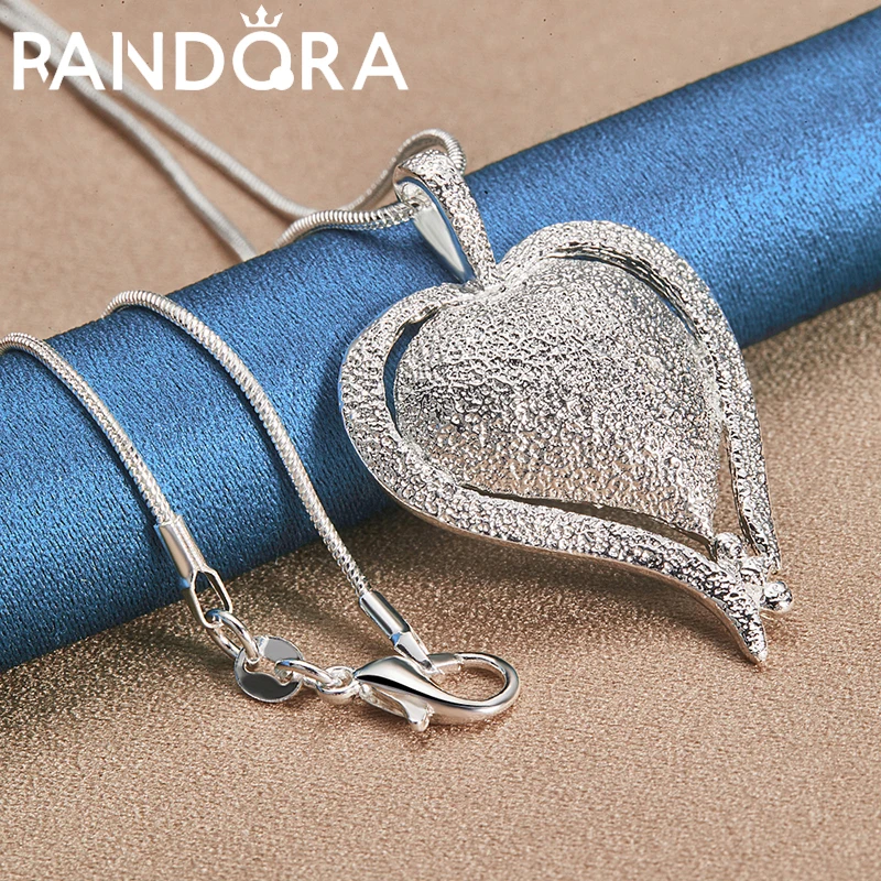 

RAIVDQRA 925 Sterling Silver 16-30 Inch Chain Necklace For Woman Frosted Heart Pendant Neck Chain Fashion Charm Wedding Jewelry
