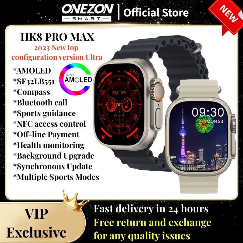 

2023 ONEZON HK8 PRO MAX Ultra Original AMOLED Screen Men's Smart Watch Series 8 Compass Bluetooth Call Watches VIP Exclusive