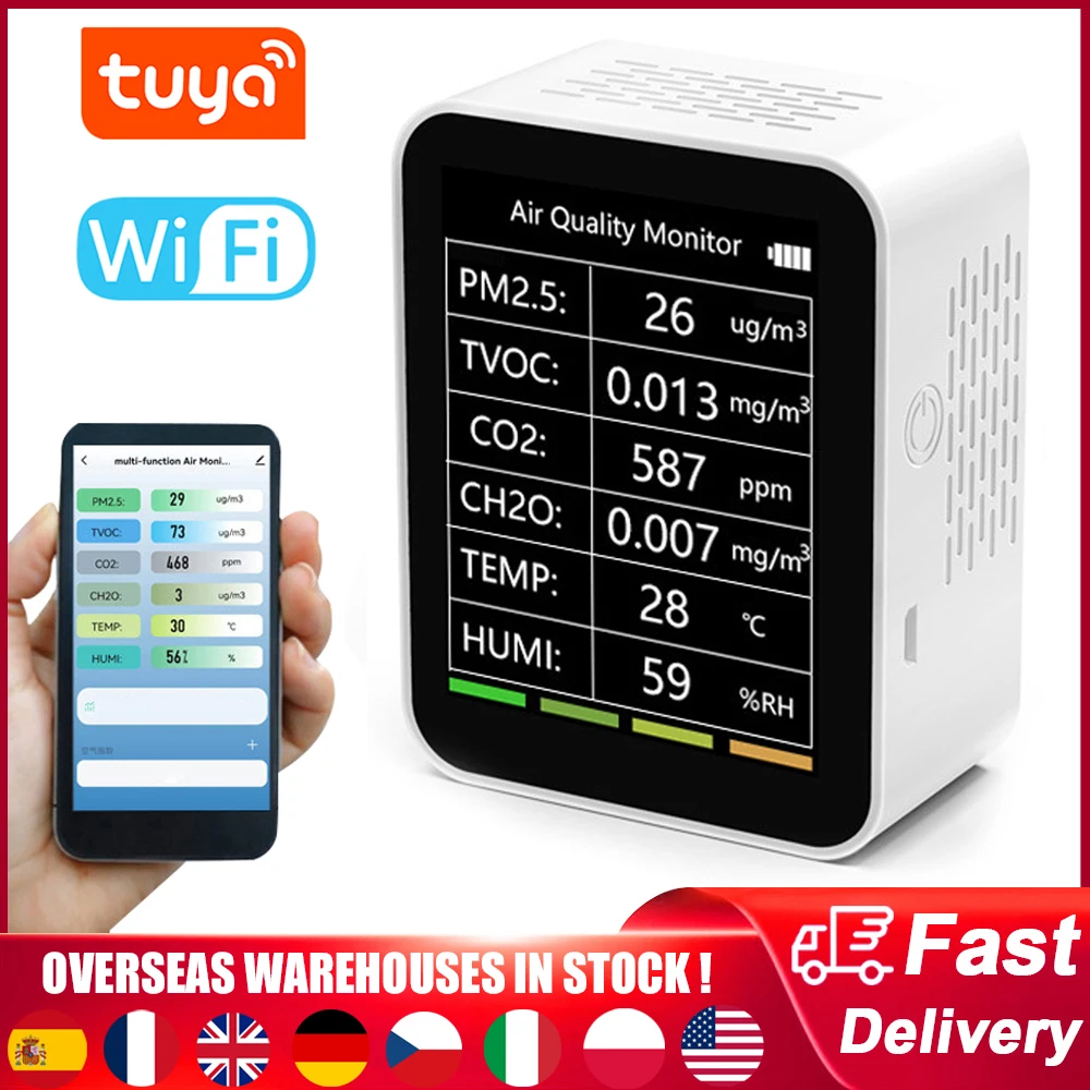 

6 в 1 Смарт-детектор качества воздуха Tuya WiFi PM2.5 TVOC CO2 CH2O детектор температуры и влажности Многофункциональный тестер качества воздуха
