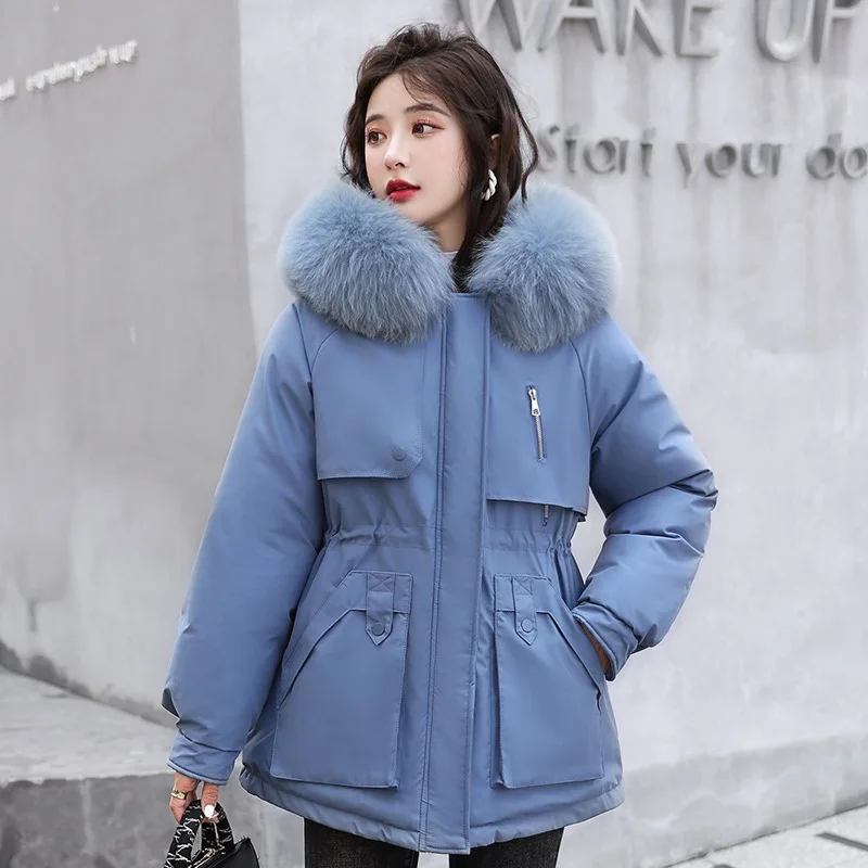 Winter Warm Cotton Clothing Women's Fashion Big Fur Collar Hooded Waist Skinny Parka Windbreaker Jacket Medium Long Section