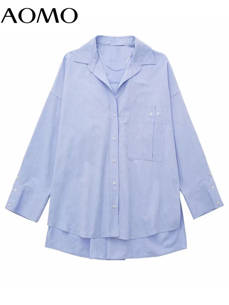 

AOMO Women Vintage Oversized Blue Cotton Long Shirt Long Sleeve 2022 Chic Female High Street Shirt 3H358A