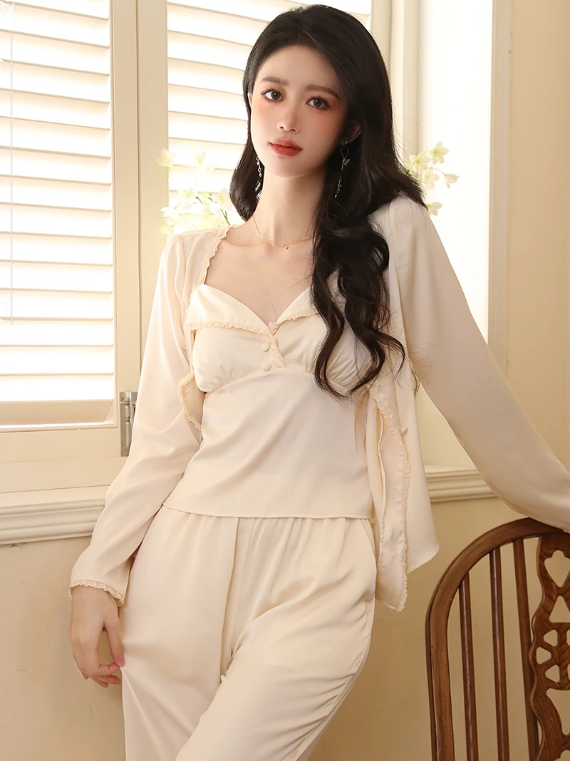 Women French Spring Summer Long Sleeve Silk Top Pants Pajamas Three Piece Pantsuits Fairy Lace Sleepwear Victorian Nightgowns