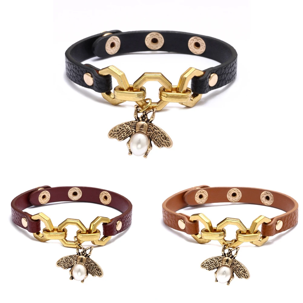 

Retro Genuine Leather Wristband Women Charm Bracelets Girls Bee Wrap Chain Bracelet Bangle Gothic Hand Band Femme Punk Jewelry