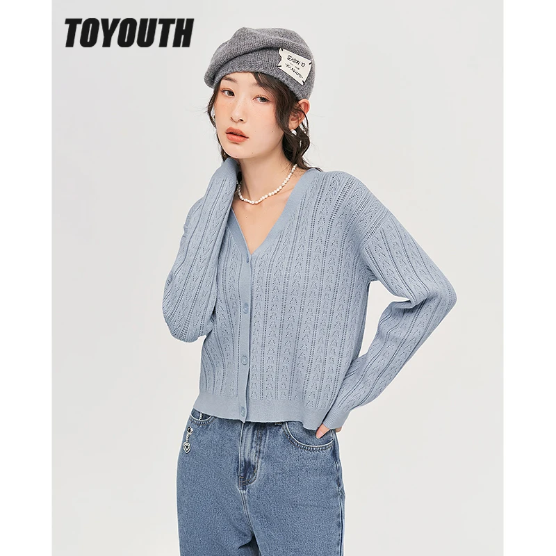 

Toyouth Women Knit Cardigan 2022 Autumn Long Sleeves V Neck Sweaters Jacquard Apricot Blue Casual Chic Streetwear Tops