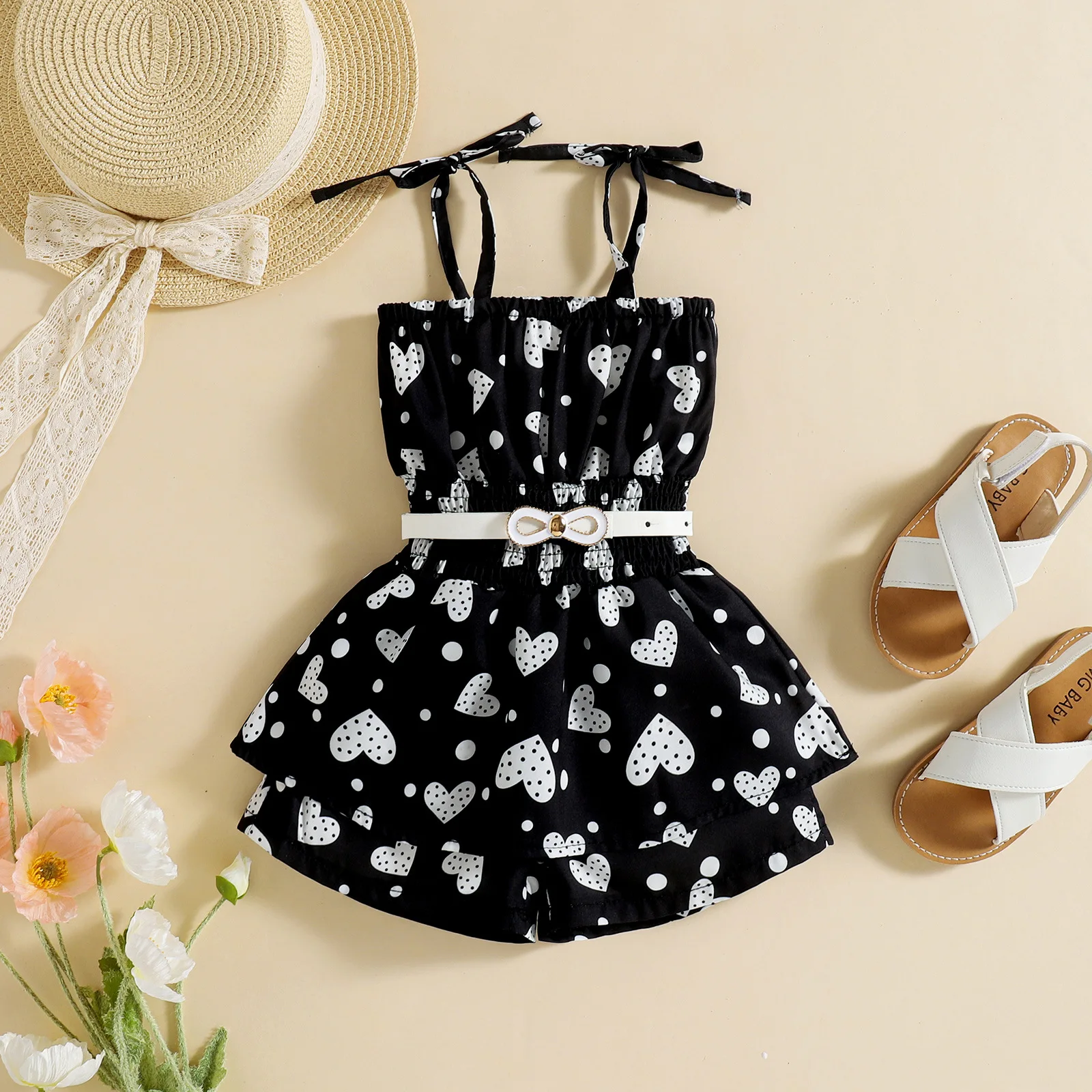 

Baby Girl Clothes Infant Casual Outfits Children Love Print Suspender Bodysuit With Belt Toddler Summer Cute Fashion Jumpsuit