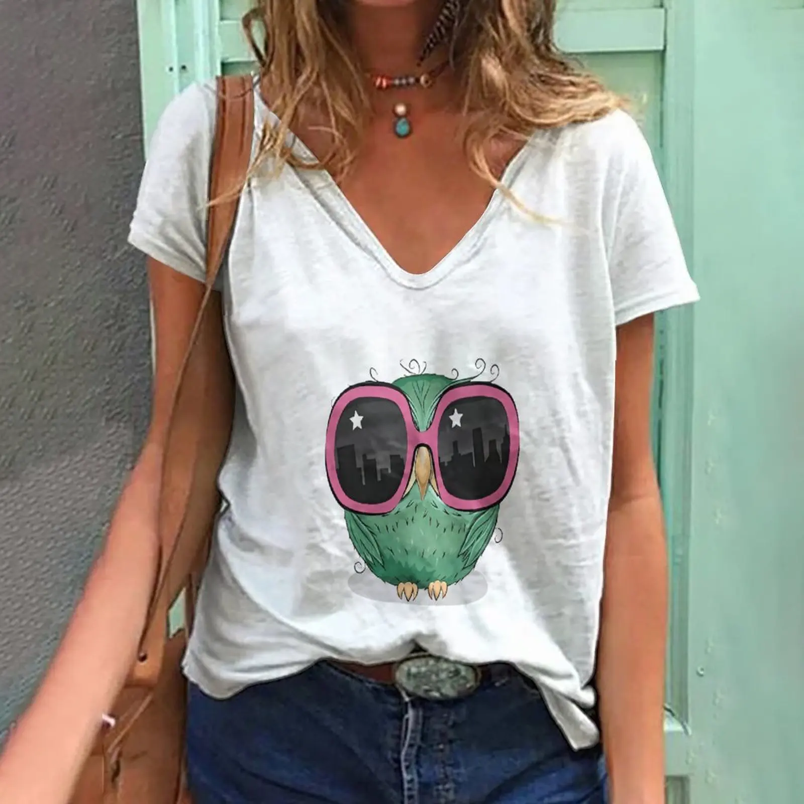 

Летняя модная женская футболка в стиле Харадзюку, симпатичная футболка с рисунком совы, новая футболка с V-образным вырезом и аниме, Женский ...