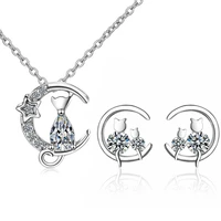 moon cat earrings necklaces for women 925 stamp silver color cubic zirconia fashion elegant party gift fine jewellery set