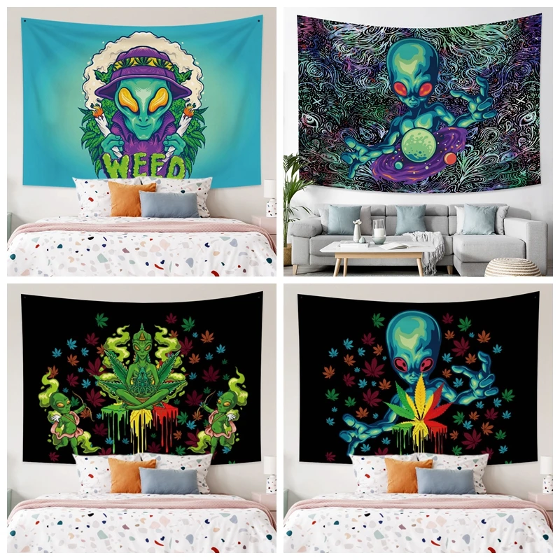 

Magical Trippy Psychedelic Cool Alien Tapestry Weed Kawaii Tapestry Wall Hanging Hippie Art Home Decor Dorm Living Room Bedroom