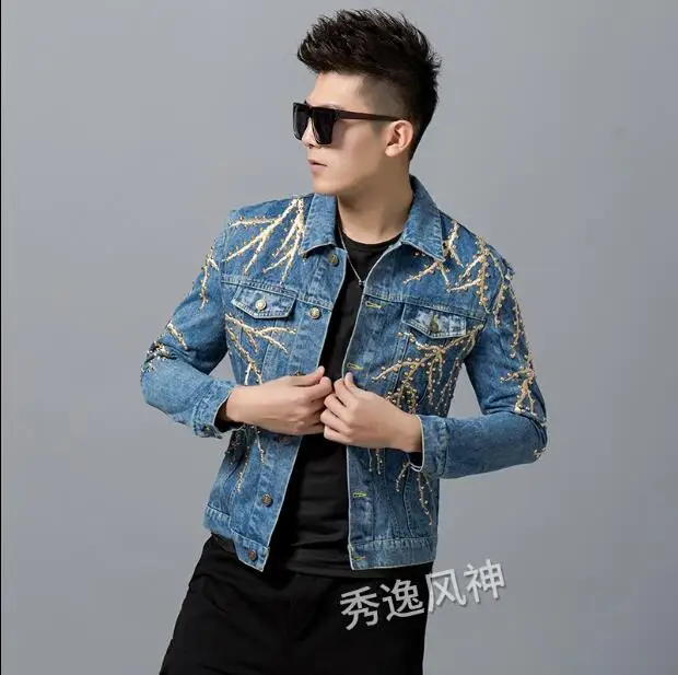 

2022 Spring Autumn Fashion Trend Men's Long-sleeved Denim Jacket Handmade Beading Embroidery Printing Casual Jacket