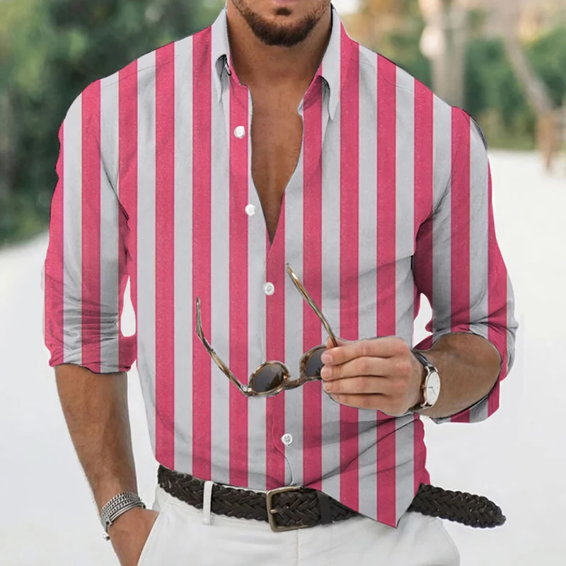 Men's Autumn Polyester Long Sleeve Shirt Striped Print Casual Male Top Turn-down Collar Shirts Clothes Blouse Clothing For Men