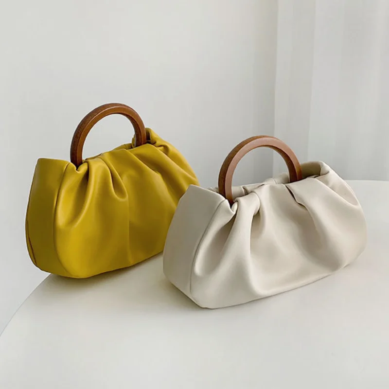 

Small Designer Wooden Handle Fold Cloud Shoulder Bag for Women 2022 New Soft PU Leather Mini Hobos Crossbody Bags Purses Handbag