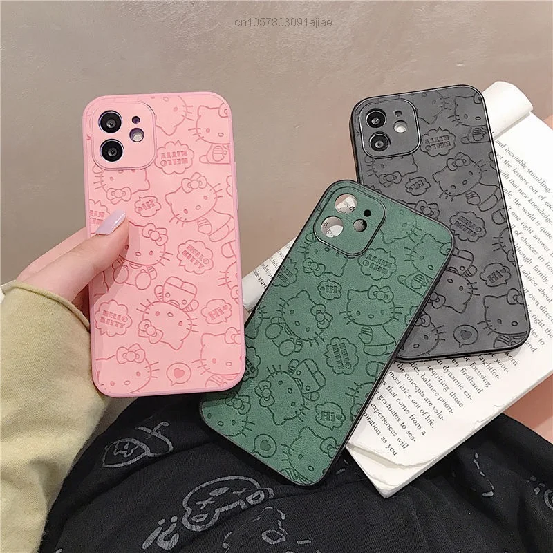 

Kawaii HelloKitty Phone Case for Iphone 11 12 13 Pro Max Sanrio Cute Girl Cartoon Pu Drop-proof All-inclusive IPhone Soft Case