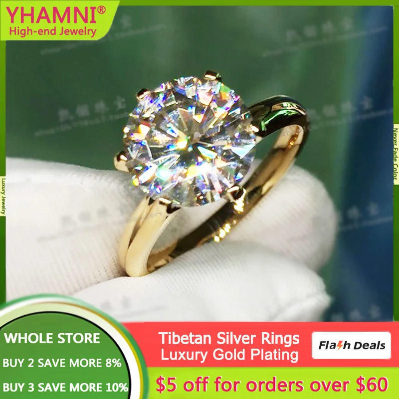 

YHAMNI Fine 18K Yellow Gold Color Ring Luxury Round Solitaire 8mm 2.0ct Simulated Diamond Wedding Band Gift Rings For Women R169