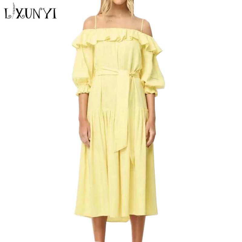 

LXUNYI Summer 2022 Off Shoulder Dress Long Elegant Vintage Lace Up Dress Ruffle Dresses Women Sexy Backless Dress Yellow